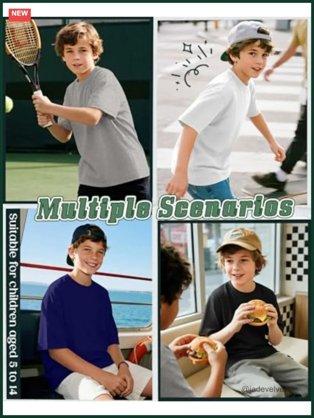5 Pack Boys Oversized Crew Neck Short Sleeve Tees Loose Fit Basic Plain